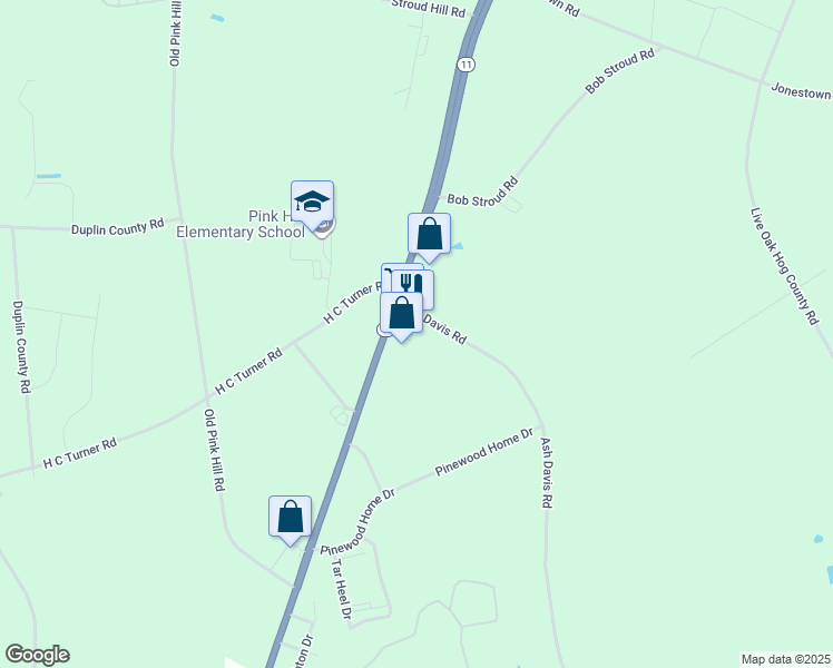 map of restaurants, bars, coffee shops, grocery stores, and more near 5909 North Carolina 11 South in Pink Hill