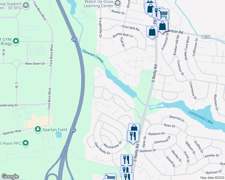 map of restaurants, bars, coffee shops, grocery stores, and more near 6772 Willowbrook Drive in Fayetteville