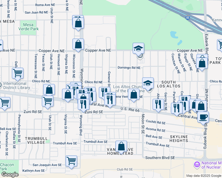 map of restaurants, bars, coffee shops, grocery stores, and more near 233 General Stilwell Street Northeast in Albuquerque
