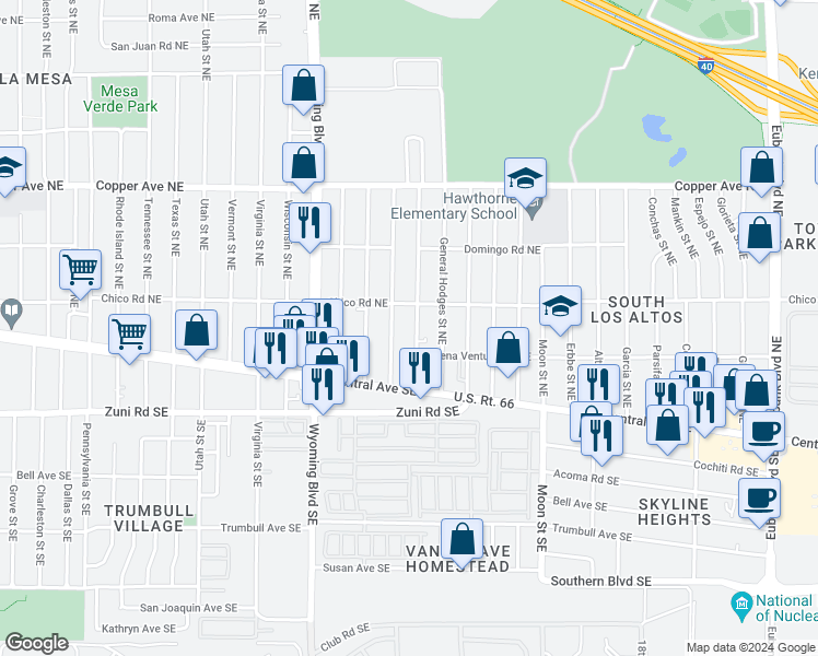 map of restaurants, bars, coffee shops, grocery stores, and more near 233 General Stilwell Street Northeast in Albuquerque