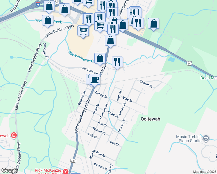 map of restaurants, bars, coffee shops, grocery stores, and more near 9460 Factory Street in Ooltewah