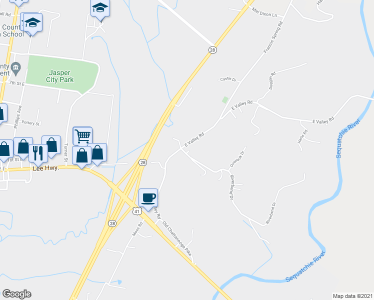 map of restaurants, bars, coffee shops, grocery stores, and more near 240 Cornerstone Drive in Jasper