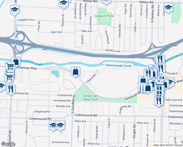 map of restaurants, bars, coffee shops, grocery stores, and more near 2705 Cherry Rd in Memphis