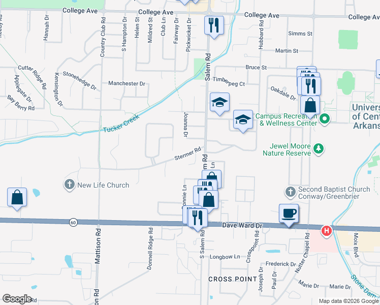 map of restaurants, bars, coffee shops, grocery stores, and more near 2910 Stermer Road in Conway