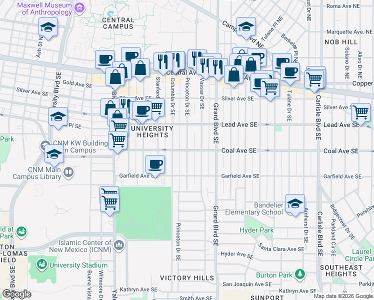 map of restaurants, bars, coffee shops, grocery stores, and more near Coal Avenue Southeast in Albuquerque