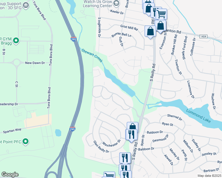 map of restaurants, bars, coffee shops, grocery stores, and more near 6764 Willowbrook Drive in Fayetteville