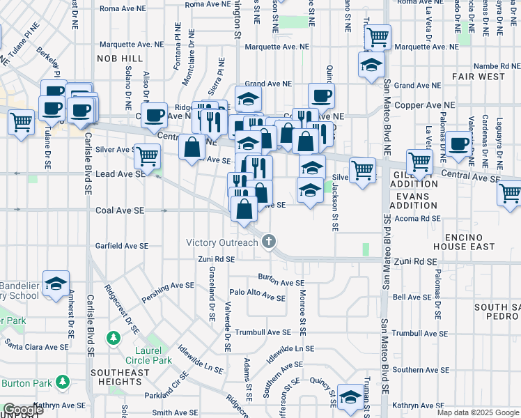 map of restaurants, bars, coffee shops, grocery stores, and more near 225 Adams Street Southeast in Albuquerque