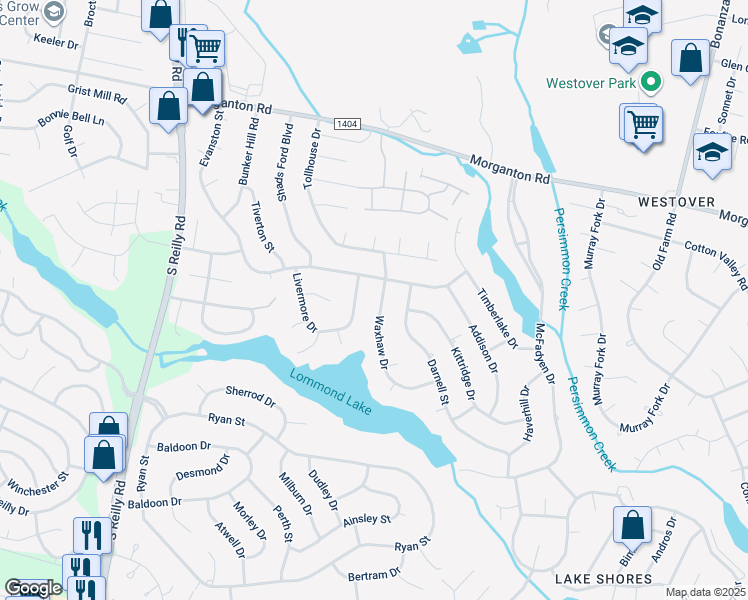map of restaurants, bars, coffee shops, grocery stores, and more near 207 Livermore Drive in Fayetteville