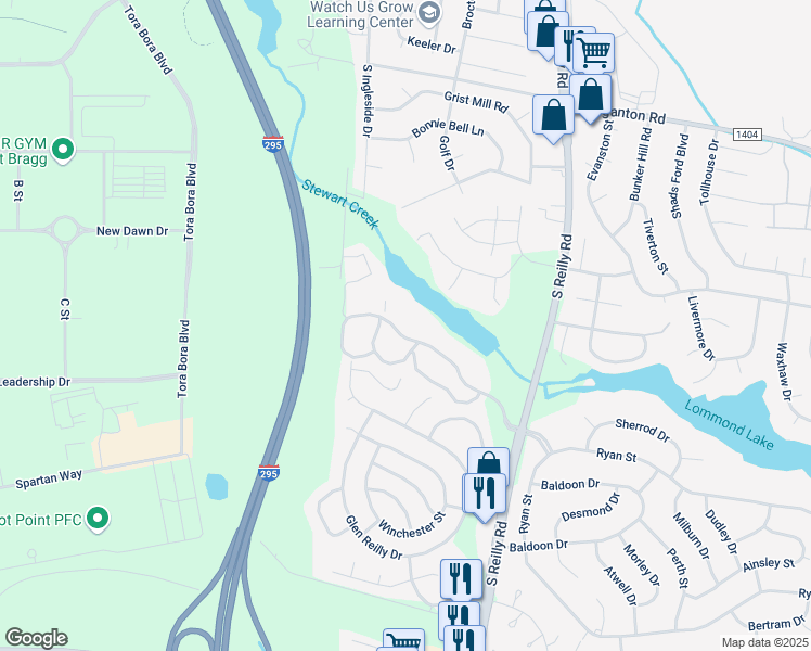 map of restaurants, bars, coffee shops, grocery stores, and more near 6768 Willowbrook Drive in Fayetteville