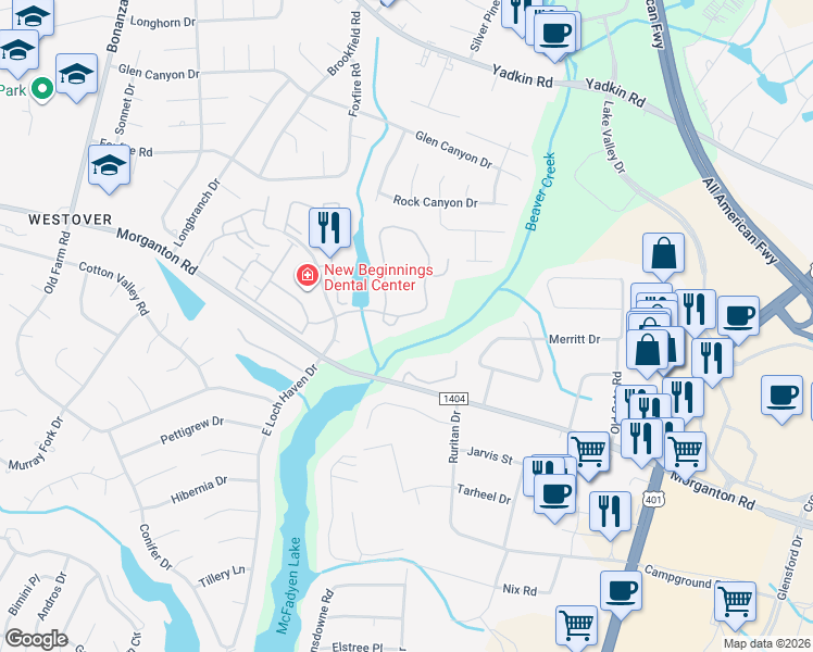 map of restaurants, bars, coffee shops, grocery stores, and more near 341 Waterdown Drive in Fayetteville
