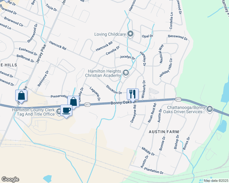 map of restaurants, bars, coffee shops, grocery stores, and more near 6237B Stockton Drive in Chattanooga