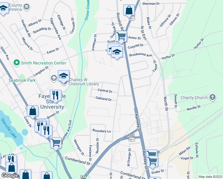 map of restaurants, bars, coffee shops, grocery stores, and more near 208 Central Drive in Fayetteville