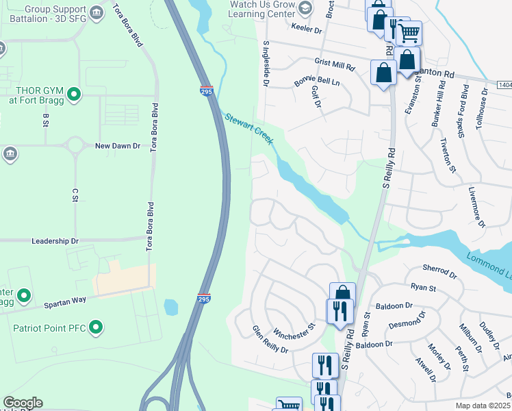 map of restaurants, bars, coffee shops, grocery stores, and more near 6805 Willowbrook Drive in Fayetteville