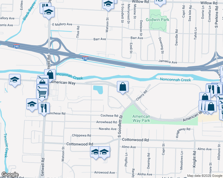map of restaurants, bars, coffee shops, grocery stores, and more near 4225 American Way in Memphis