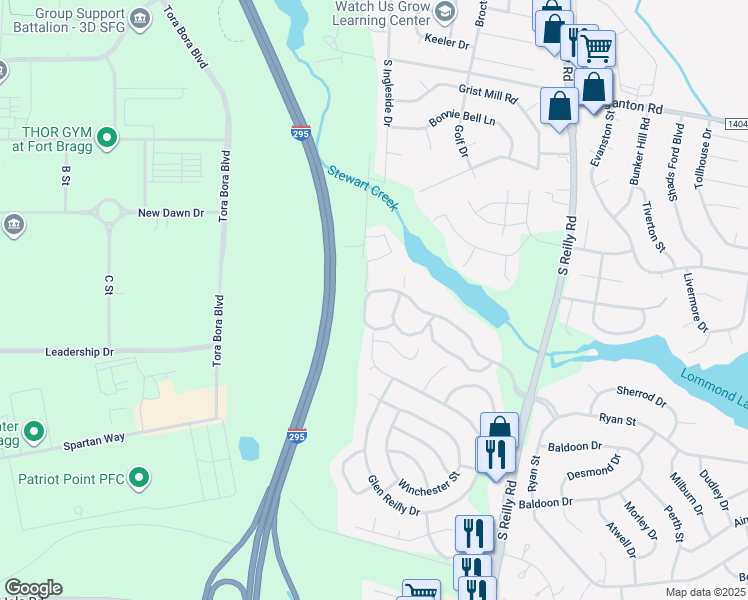 map of restaurants, bars, coffee shops, grocery stores, and more near 6805 Willowbrook Drive in Fayetteville