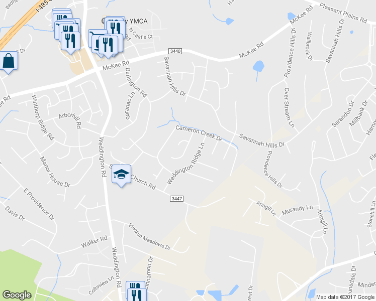 map of restaurants, bars, coffee shops, grocery stores, and more near 3103 Huntington Ridge Court in Matthews