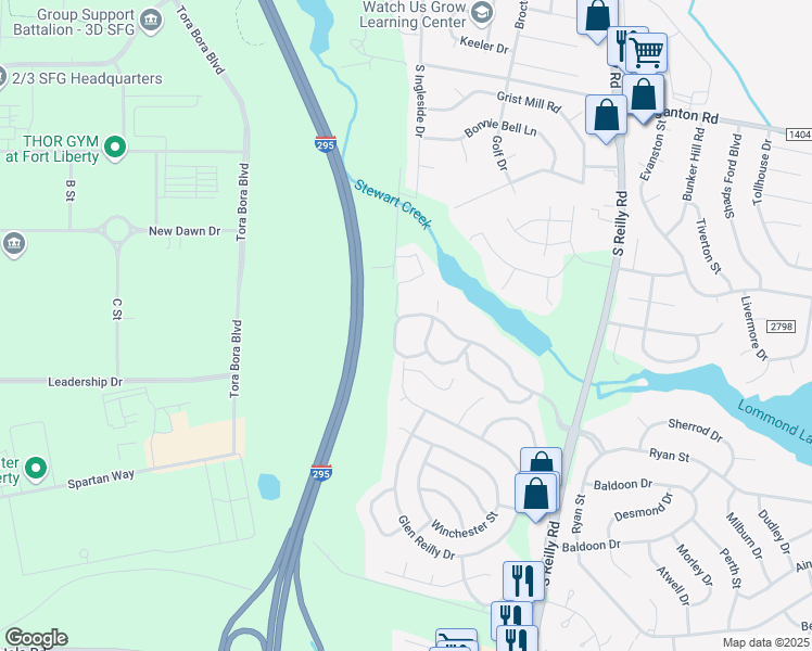 map of restaurants, bars, coffee shops, grocery stores, and more near 6805 Willowbrook Drive in Fayetteville