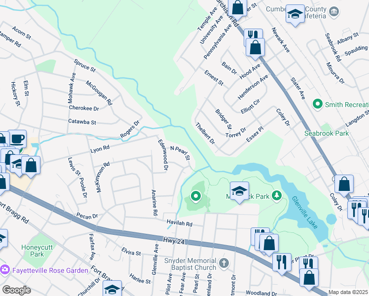 map of restaurants, bars, coffee shops, grocery stores, and more near 1918 North Pearl Street in Fayetteville