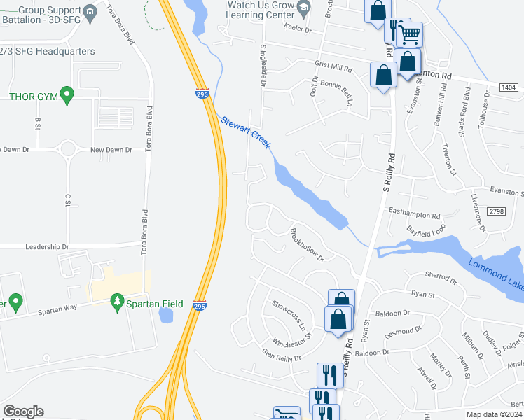 map of restaurants, bars, coffee shops, grocery stores, and more near 6801 Willowbrook Drive in Fayetteville