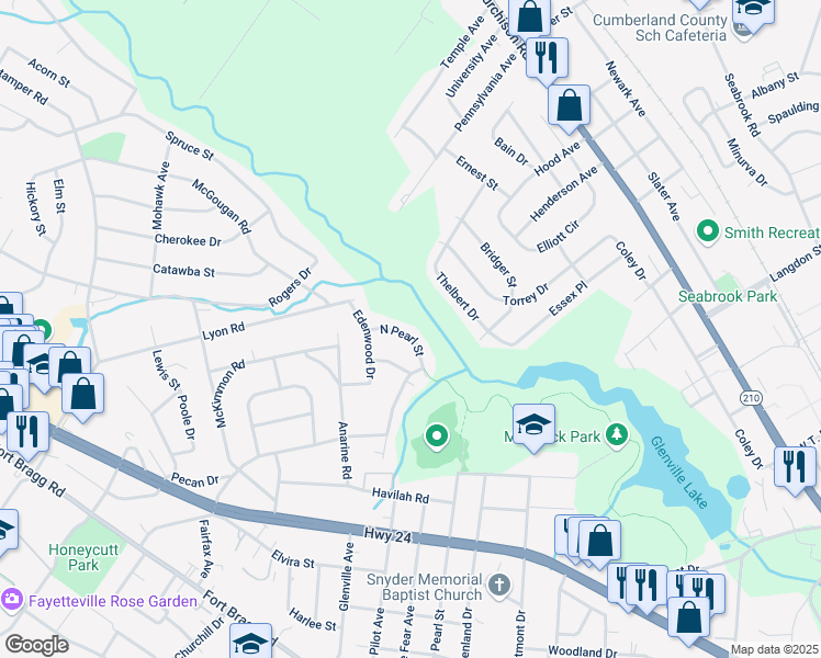 map of restaurants, bars, coffee shops, grocery stores, and more near 1918 North Pearl Street in Fayetteville