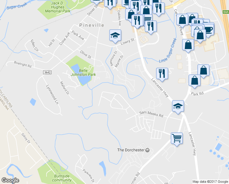 map of restaurants, bars, coffee shops, grocery stores, and more near 10512 Stoneacre Court in Pineville