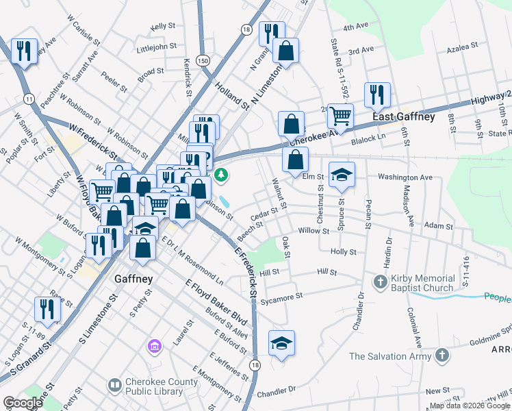 map of restaurants, bars, coffee shops, grocery stores, and more near 201 Cherry Street in Gaffney