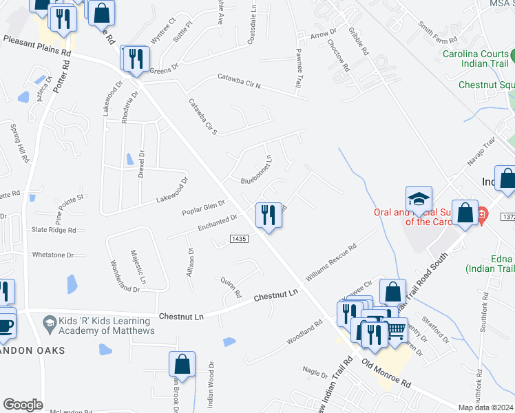 map of restaurants, bars, coffee shops, grocery stores, and more near 206 Park Meadows Drive in Stallings
