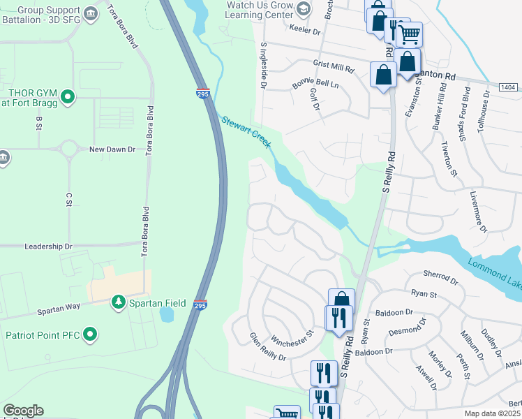 map of restaurants, bars, coffee shops, grocery stores, and more near 6804 Willowbrook Drive in Fayetteville