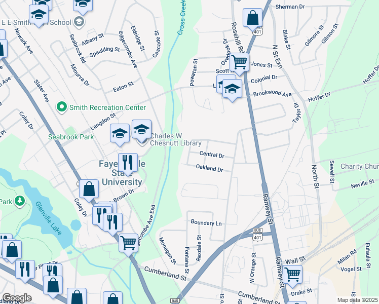 map of restaurants, bars, coffee shops, grocery stores, and more near 1200 West Drive in Fayetteville