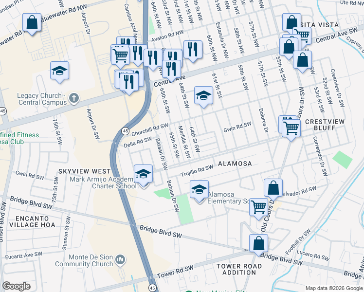map of restaurants, bars, coffee shops, grocery stores, and more near 400 Merlida Street Southwest in Albuquerque