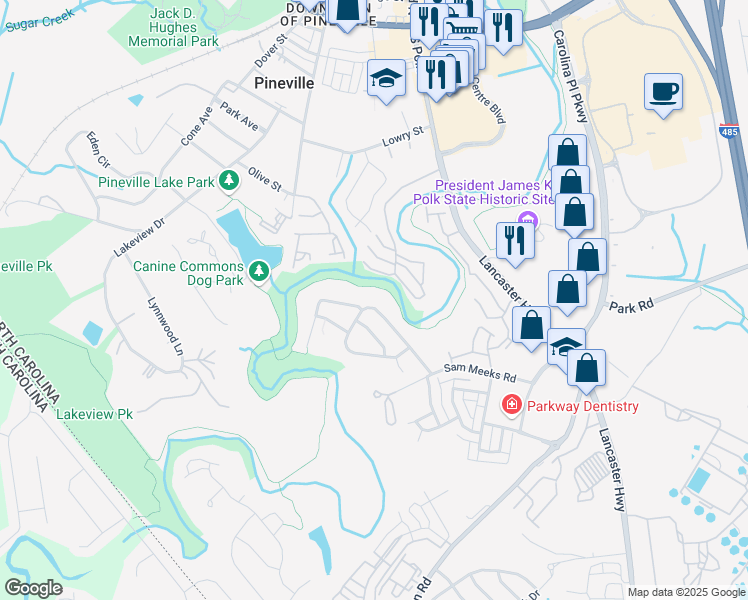 map of restaurants, bars, coffee shops, grocery stores, and more near 10512 Stoneacre Court in Pineville