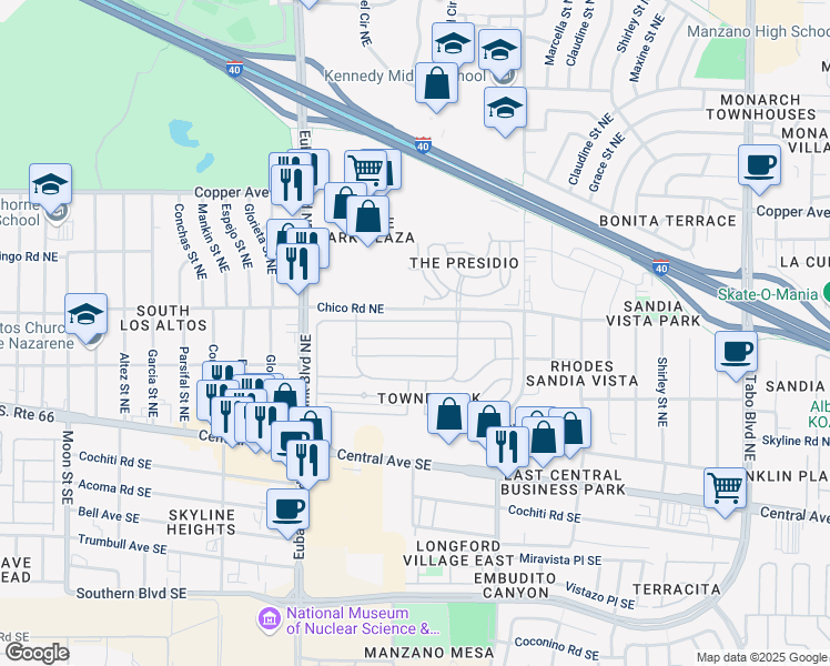map of restaurants, bars, coffee shops, grocery stores, and more near 99999 Clyburn Park Drive Northeast in Albuquerque