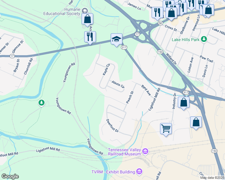 map of restaurants, bars, coffee shops, grocery stores, and more near 4024 Alexis Circle in Chattanooga