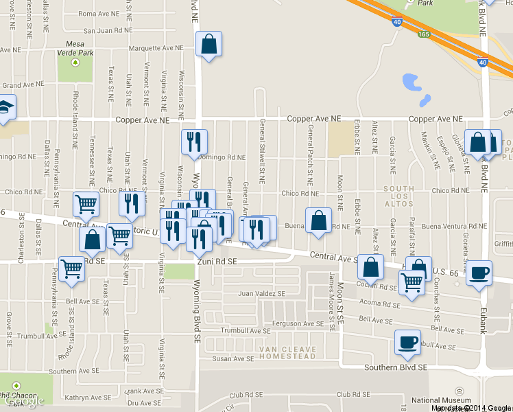 map of restaurants, bars, coffee shops, grocery stores, and more near 233 General Stilwell Street Northeast in Albuquerque