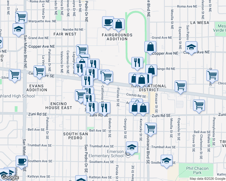 map of restaurants, bars, coffee shops, grocery stores, and more near 6610 Central Avenue Southeast in Albuquerque