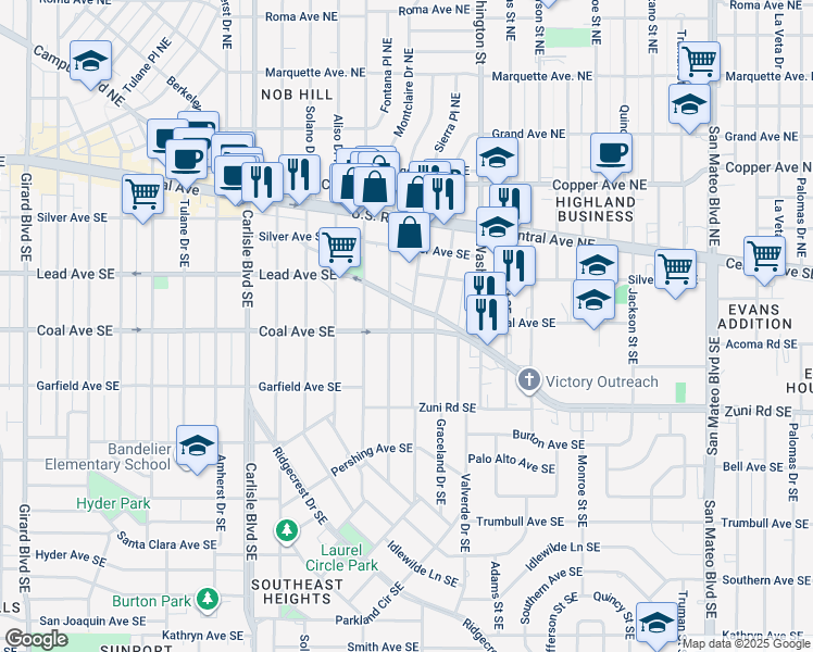 map of restaurants, bars, coffee shops, grocery stores, and more near 306 Montclaire Drive Southeast in Albuquerque