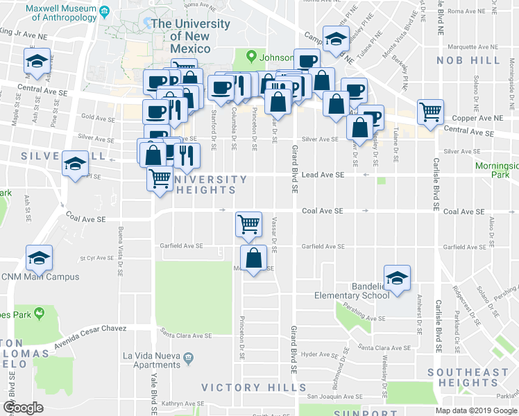 map of restaurants, bars, coffee shops, grocery stores, and more near 318 Princeton Drive Southeast in Albuquerque