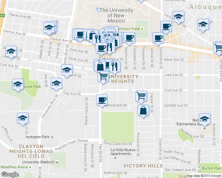 map of restaurants, bars, coffee shops, grocery stores, and more near 317 Cornell Drive Southeast in Albuquerque
