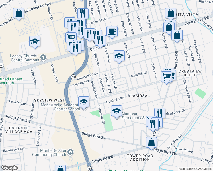 map of restaurants, bars, coffee shops, grocery stores, and more near 400 Merlida Street Southwest in Albuquerque