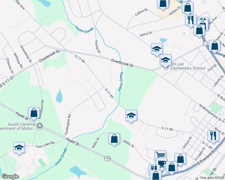 map of restaurants, bars, coffee shops, grocery stores, and more near 113 Huntington Road in Gaffney