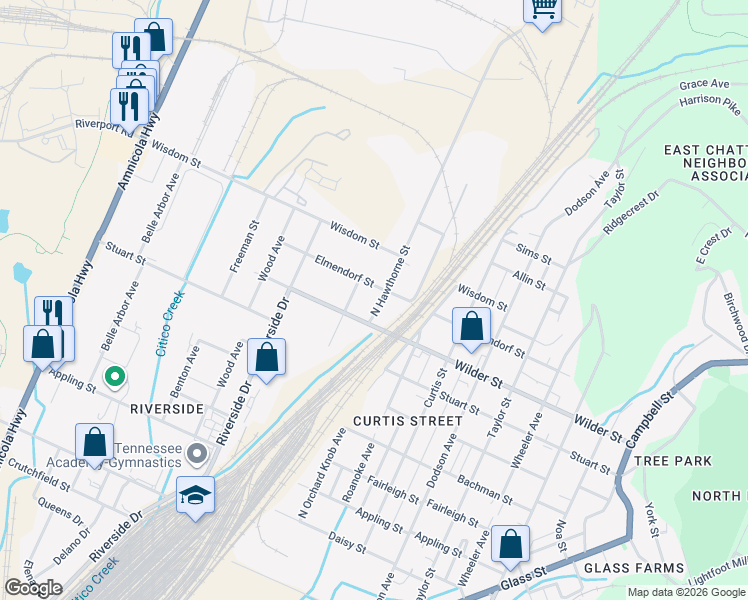 map of restaurants, bars, coffee shops, grocery stores, and more near 3119 North Hawthorne Street in Chattanooga