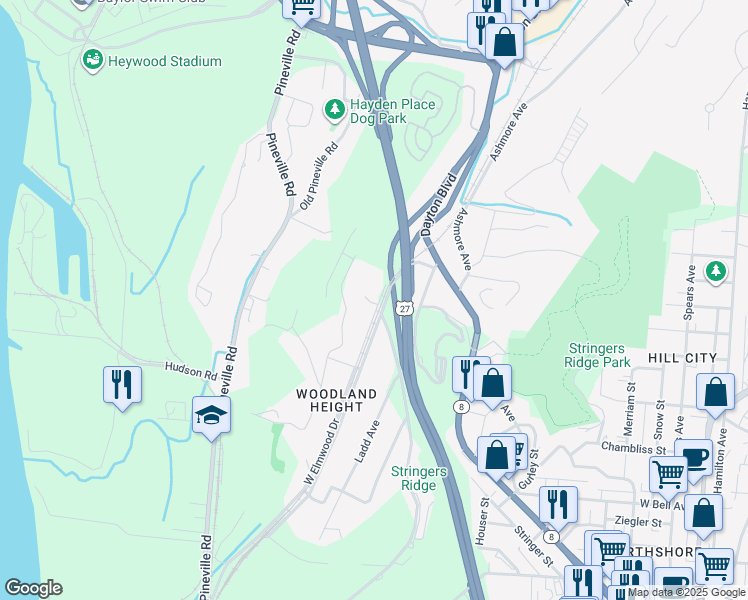 map of restaurants, bars, coffee shops, grocery stores, and more near 1027 West Elmwood Drive in Chattanooga