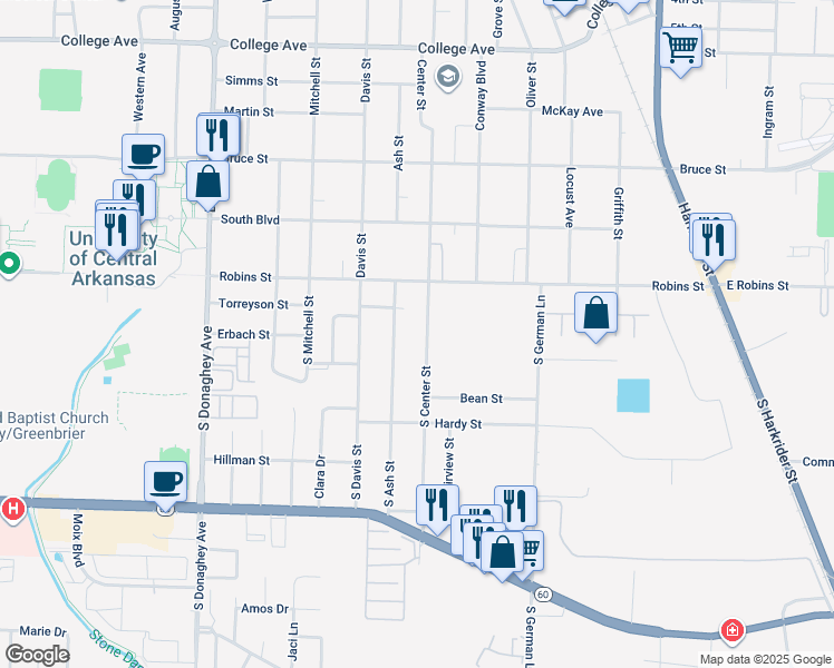 map of restaurants, bars, coffee shops, grocery stores, and more near 170 South Ash Street in Conway