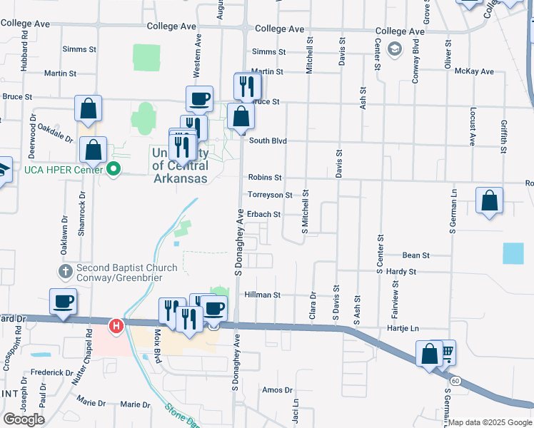 map of restaurants, bars, coffee shops, grocery stores, and more near 1968 Erbach Street in Conway