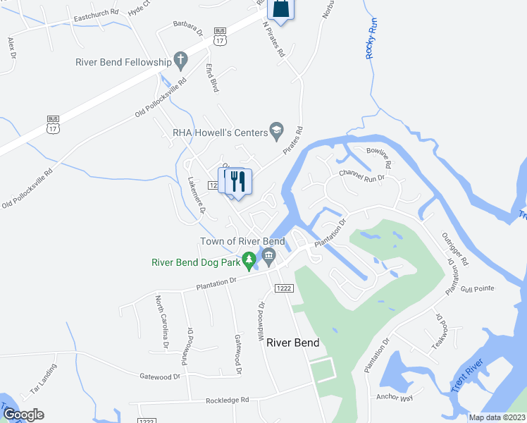 map of restaurants, bars, coffee shops, grocery stores, and more near 24 Pier Pointe in New Bern