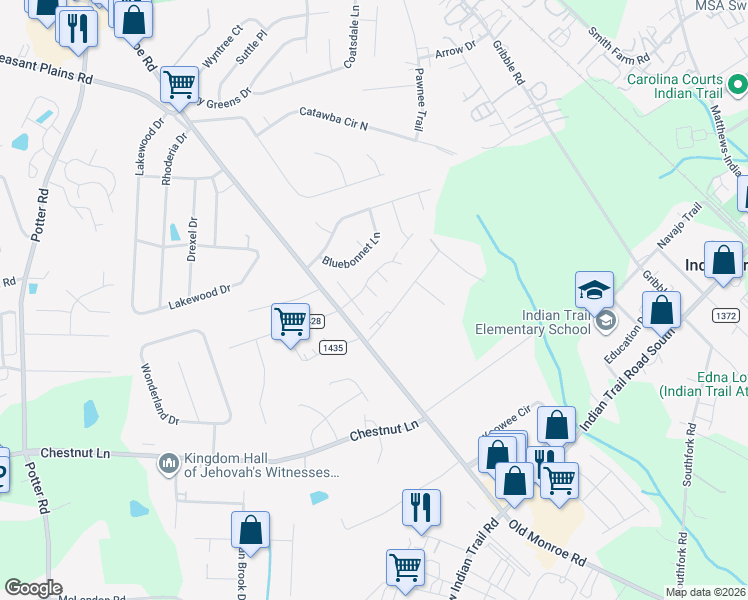 map of restaurants, bars, coffee shops, grocery stores, and more near 219 Park Meadows Drive in Stallings