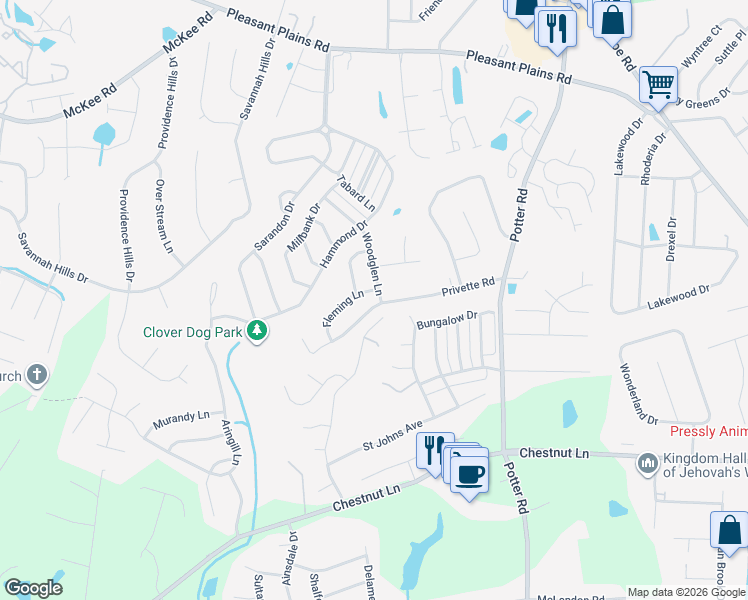 map of restaurants, bars, coffee shops, grocery stores, and more near 3700 Privette Road in Matthews