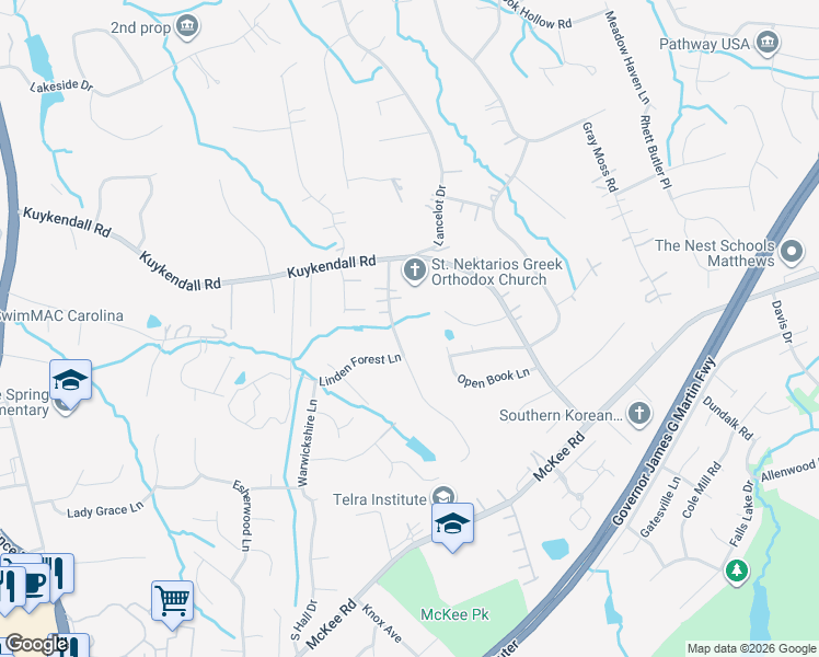 map of restaurants, bars, coffee shops, grocery stores, and more near 9701 Providence Forest Lane in Charlotte