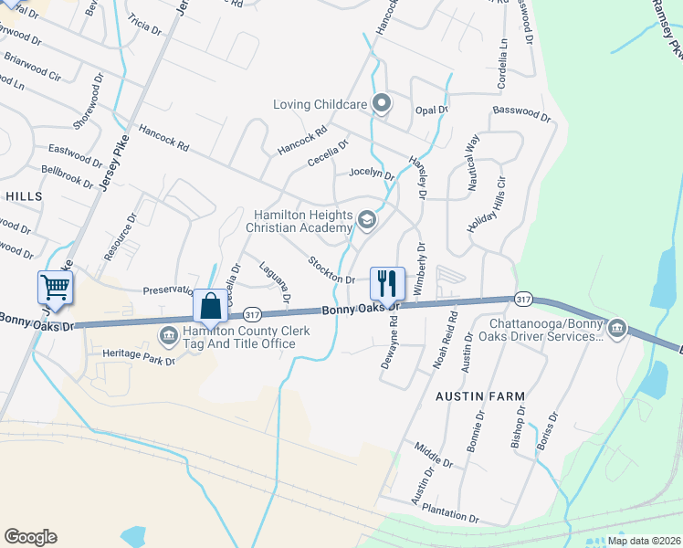 map of restaurants, bars, coffee shops, grocery stores, and more near 7713 Canyon Drive in Chattanooga