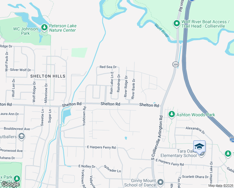 map of restaurants, bars, coffee shops, grocery stores, and more near 1320 Raindrop Drive in Collierville
